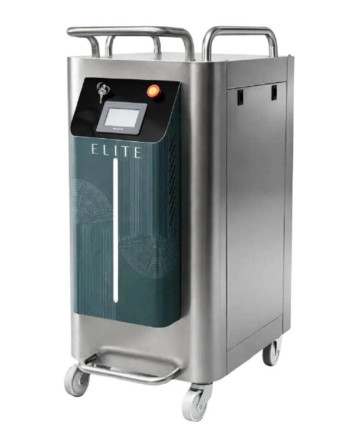 Stainless-steel body, control screen and green front console of an ELITE haemodialysis water treatment unit