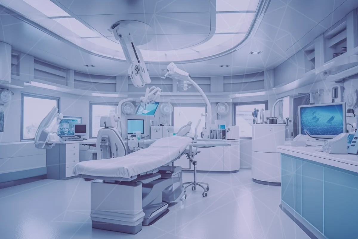 Treatment chair, monitors and medical equipment in a clinical setting